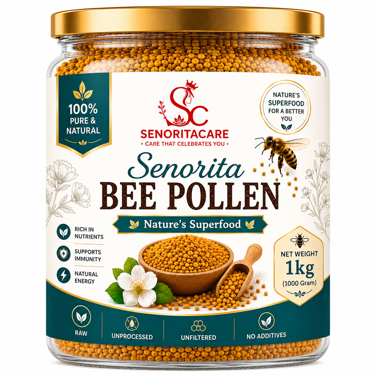 A 1kg glass jar of Senorita Bee Pollen by Senoritacare, filled with golden-yellow pollen grains