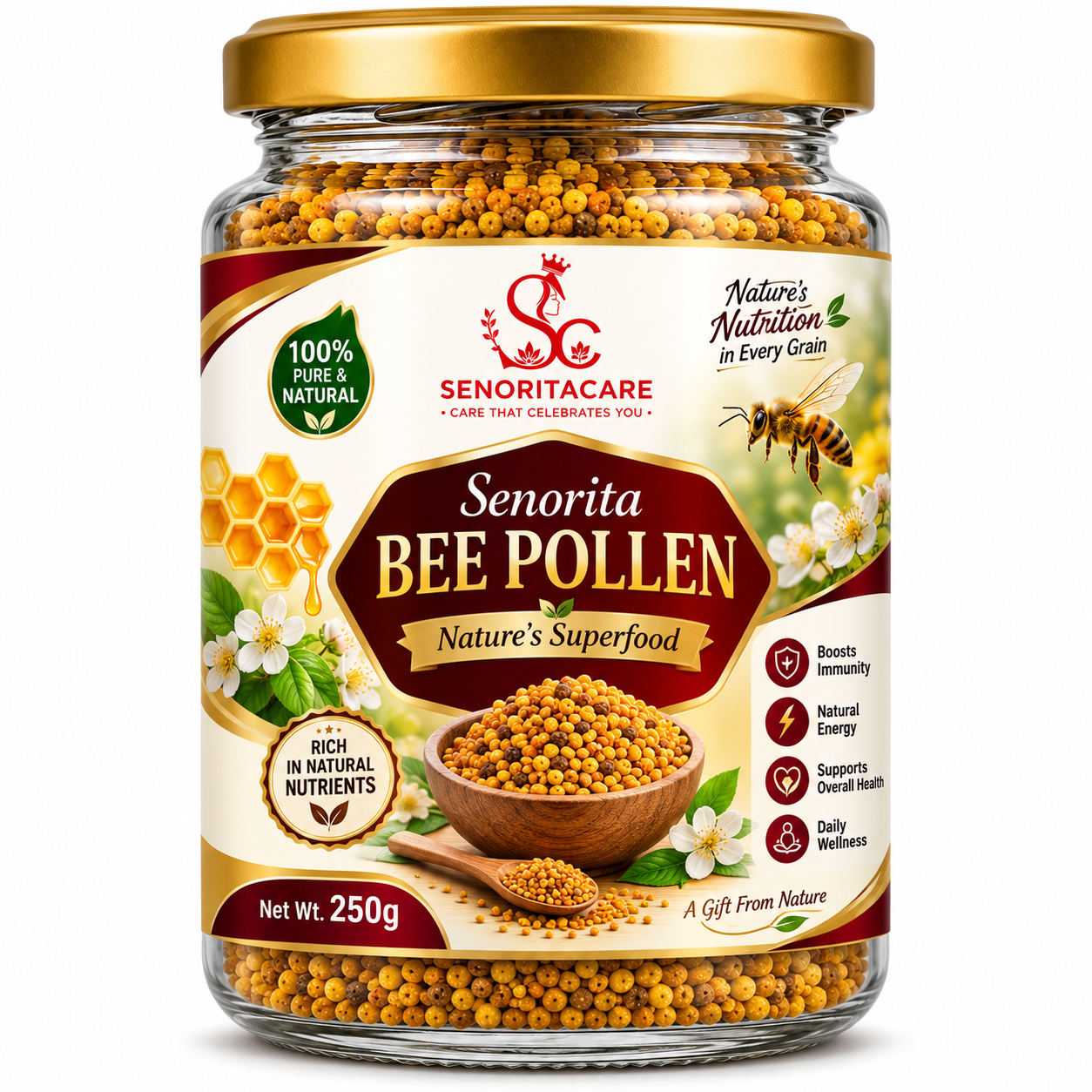A 250g glass jar of Senorita Care Seniorita Bee Pollen, featuring a gold lid and a detailed label with honeycomb, bees, and a bowl of golden pollen, set against a plain white background.