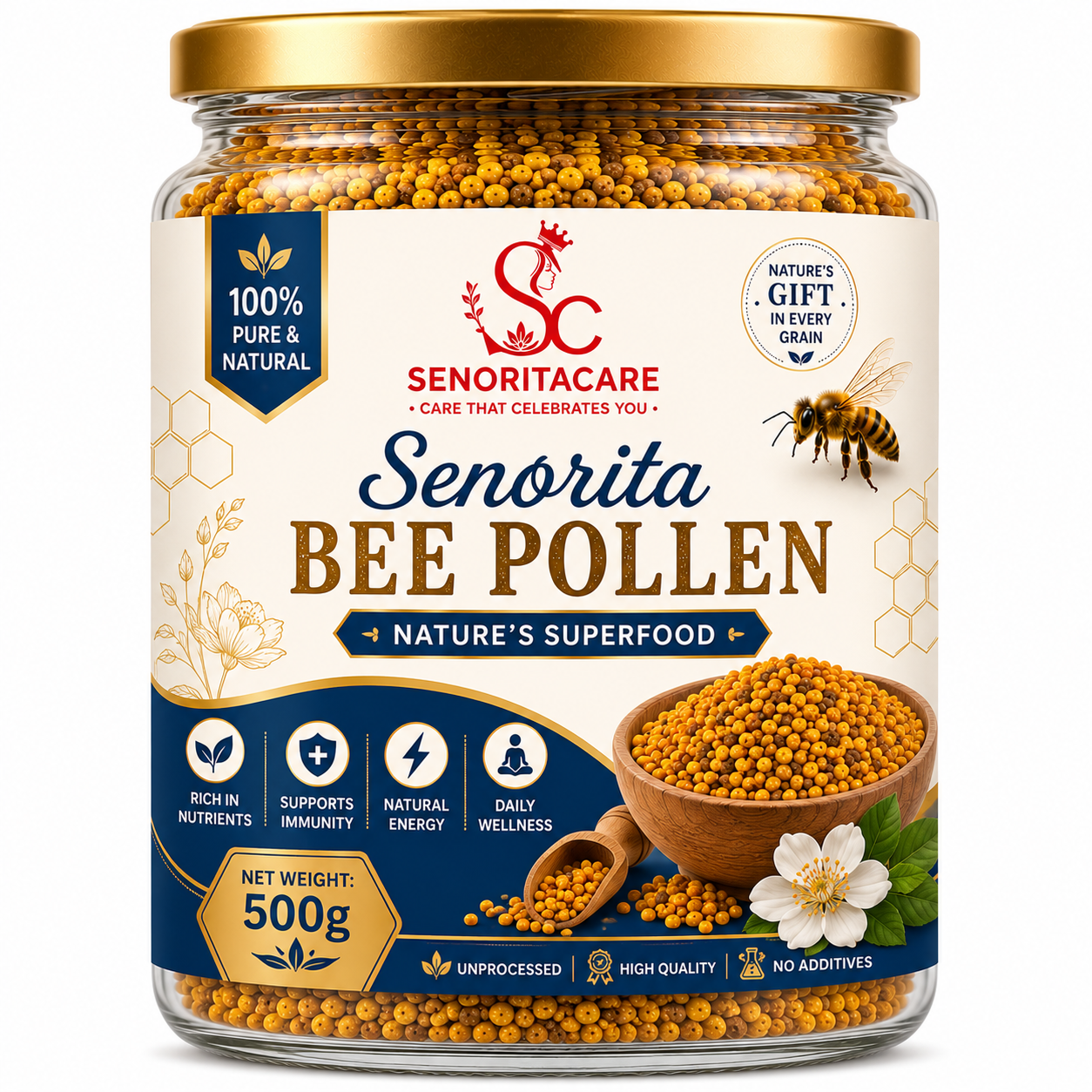 A 500g glass jar of Senoritacare Senorita Bee Pollen
