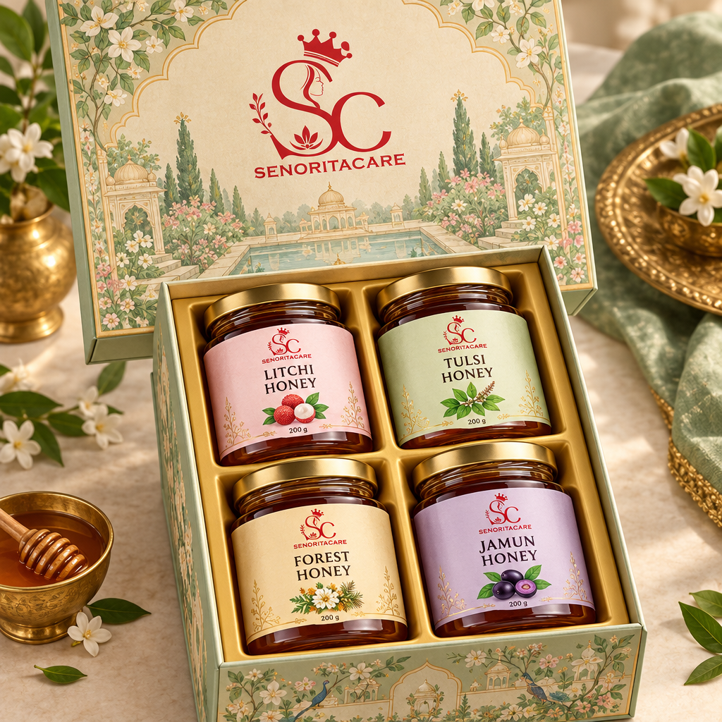 Concept: illustrated gift box with four honey jars in a gifting setting. Senorita Honey Gift Pack Buy Now Onine