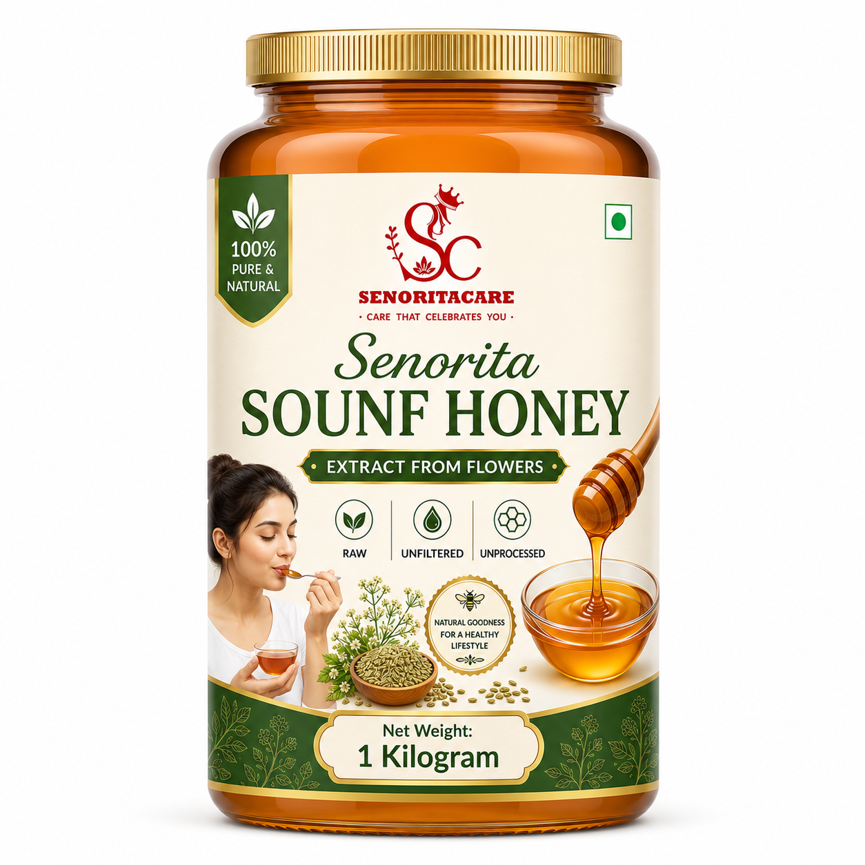Natural Sounf Honey 1kg Glass Jar – Raw Ayurvedic Honey by Senoritacare
