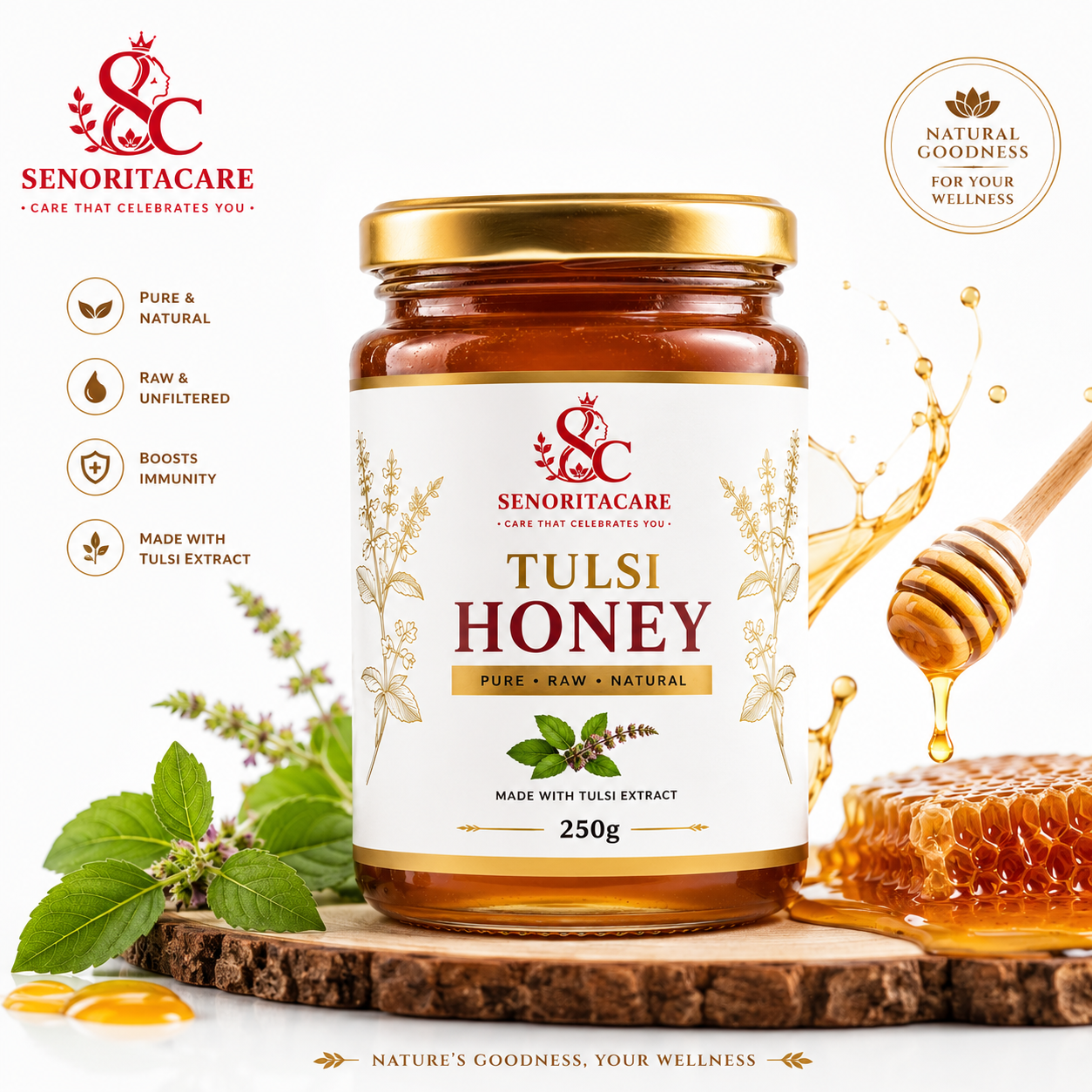 A jar of Senoritcare Tulsi Honey displayed on a wooden slice with honeycomb, a honey dipper, and tulsi leaves on a white background with product benefits and branding.