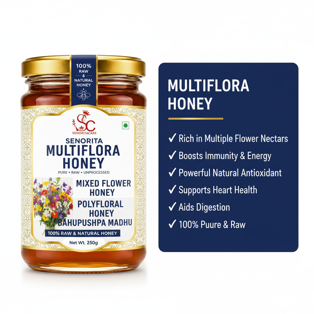 A jar of Senorita Multiflora Honey displayed next to a dark blue informational card detailing its health benefits. The product features a gold lid, a cream-colored label with multicolor floral illustrations, and a dark blue seal indicating 100% natural honey. Order Now Senorita Honey Now At SenoritaCare Store