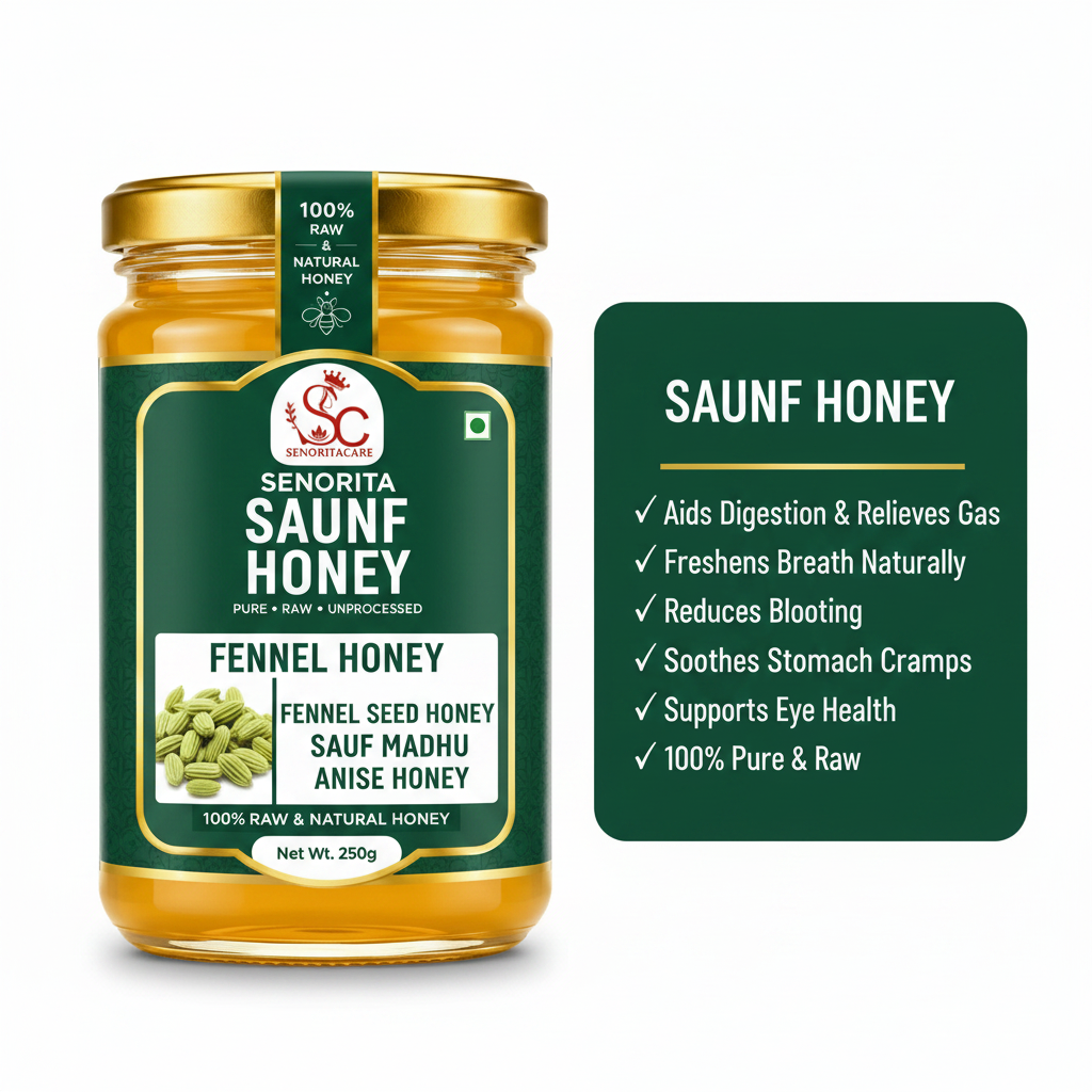 A jar of Senorita Saunf Honey on a white background, shown next to a green informational card detailing the benefits of saunf honey.Buy Senorita Honey Now At SenoritaCare Store- By SenoritaCare