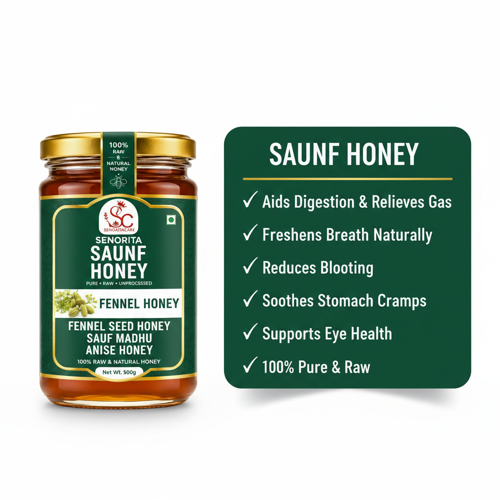 A jar of Senorita Saunf Honey is shown next to a green informational card detailing the benefits of saunf honey, on a clean white background.Buy Senorita Honey Now At SenoritaCare Store- By SenoritaCare
