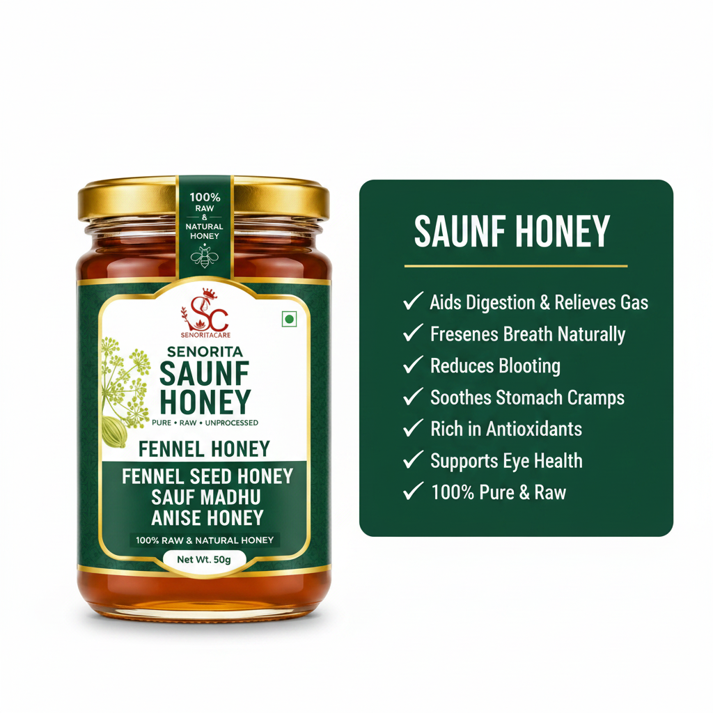 A jar of Senorita Saunf Honey shown on a white background next to a dark green informational card listing health benefits for saunf honey.Buy Senorita Honey Now At SenoritaCare Store- By SenoritaCare