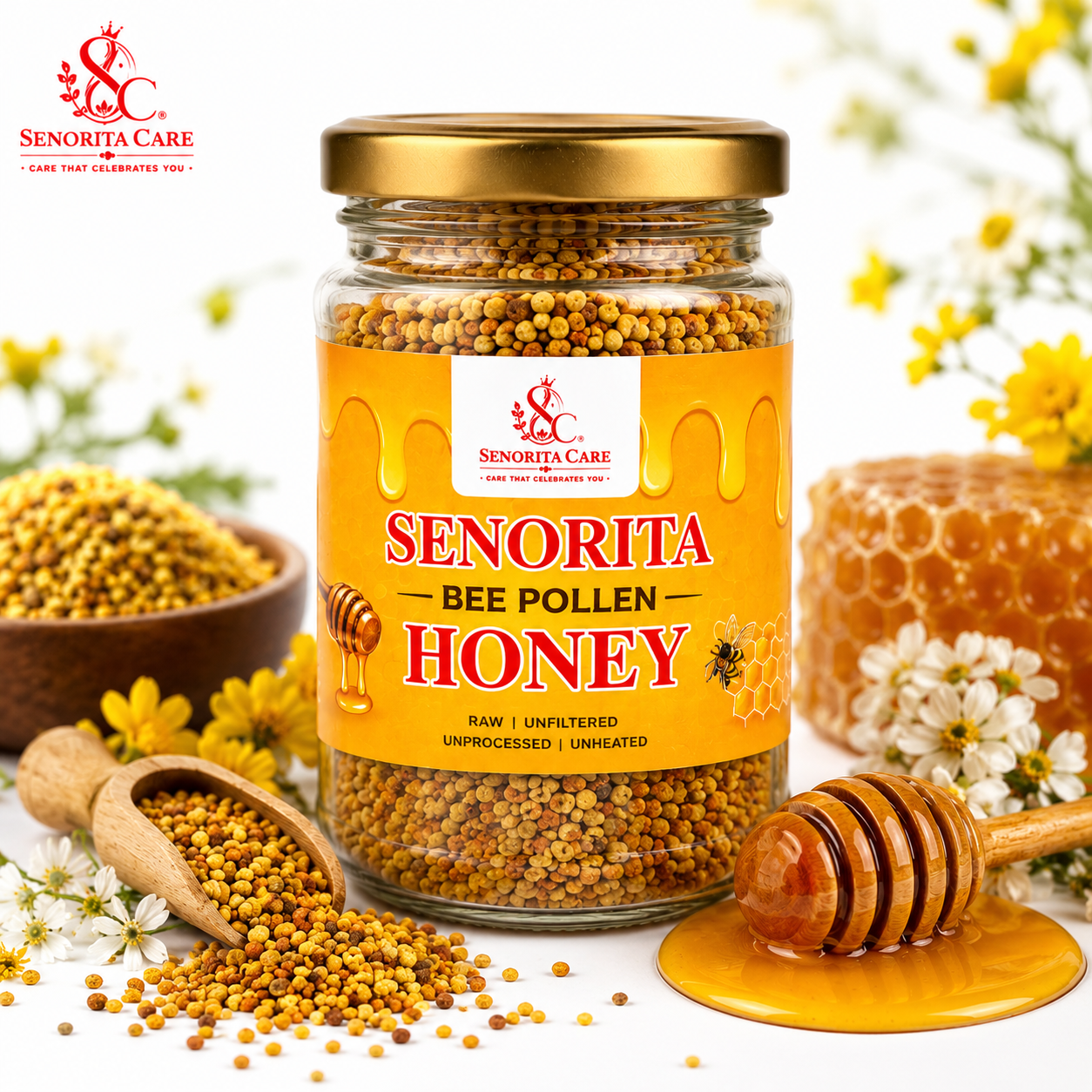 Senorita Bee Pollen Honey | Raw Natural Honey with Bee Pollen | Energy, Immunity & Wellness Support | Unprocessed Premium Honey | Pack Size 250gm