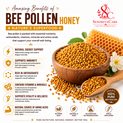 Senorita Bee Pollen Honey | Raw Natural Honey with Bee Pollen | Energy, Immunity & Wellness Support | Unprocessed Premium Honey | Pack Size 250gm