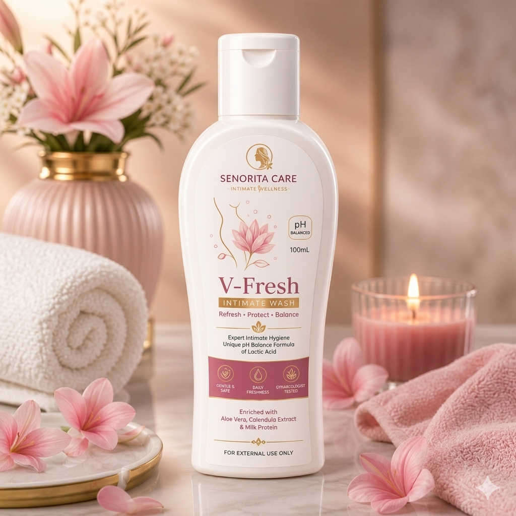 Senorita Care V-Fresh bottle on a table with flowers 