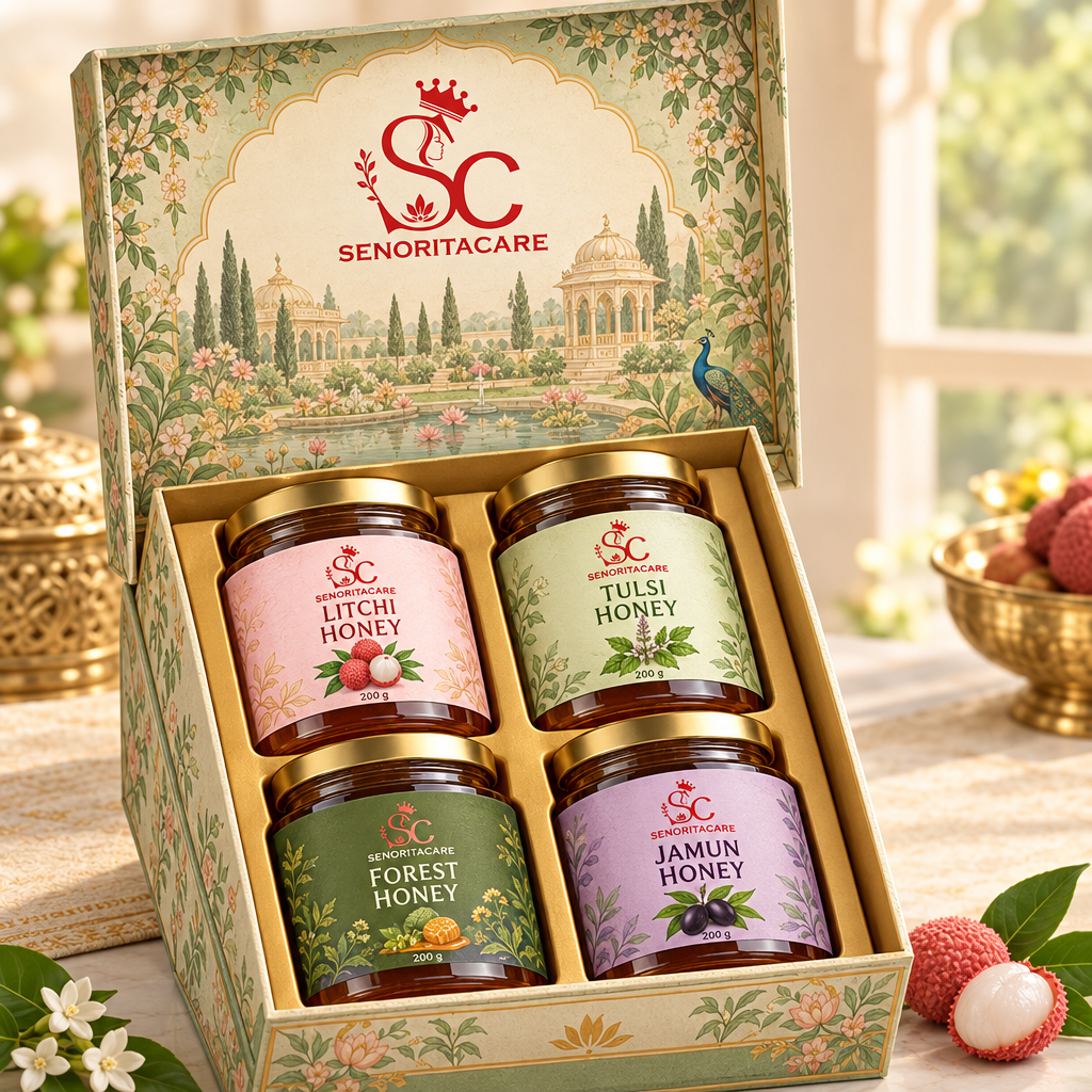 Concept: hinged illustrated SenoritaCare honey gift box open with four 200 g jars