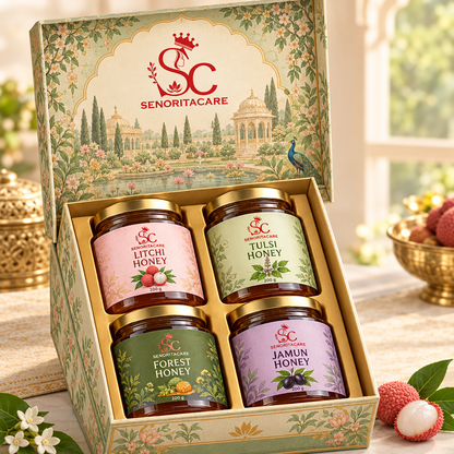 Concept: hinged illustrated SenoritaCare honey gift box open with four 200 g jars