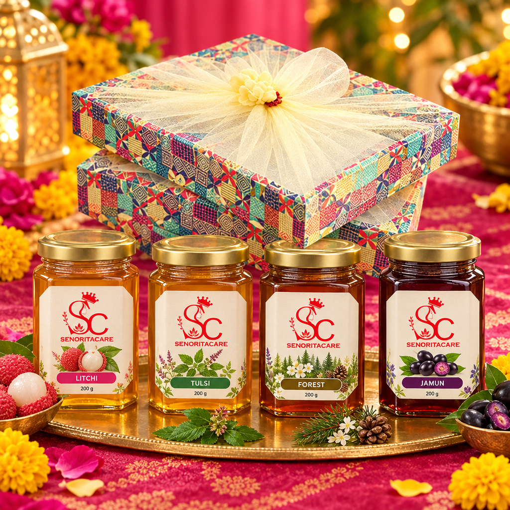 Concept of patterned fabric-tied SenoritaCare honey gift hamper