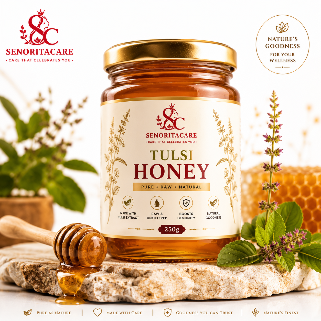 Pure Tulsi Infused Raw Honey 250g – Natural Immunity Booster Honey by Senoritacare
