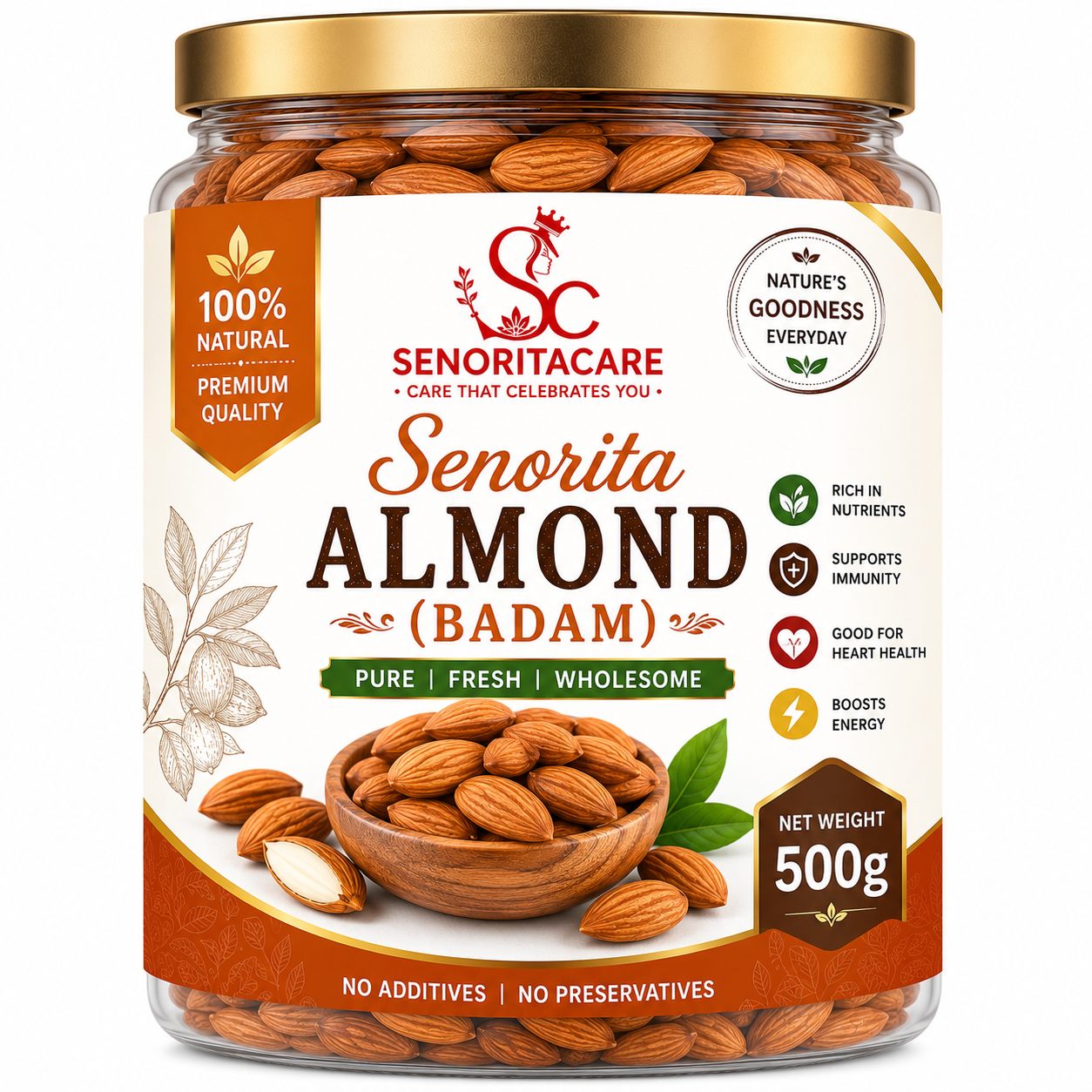 Senorita Almond (Badam) 500g premium natural California almonds front view rich in protein vitamin E healthy dry fruits by SenoritaCare