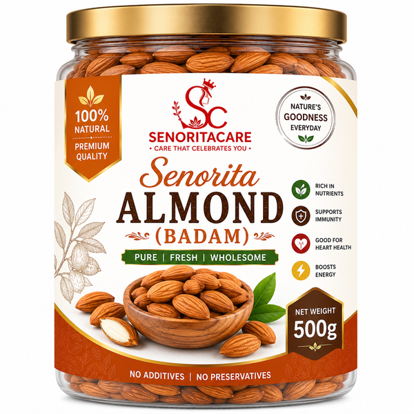 Senorita Almond (Badam) 500g premium natural California almonds front view rich in protein vitamin E healthy dry fruits by SenoritaCare