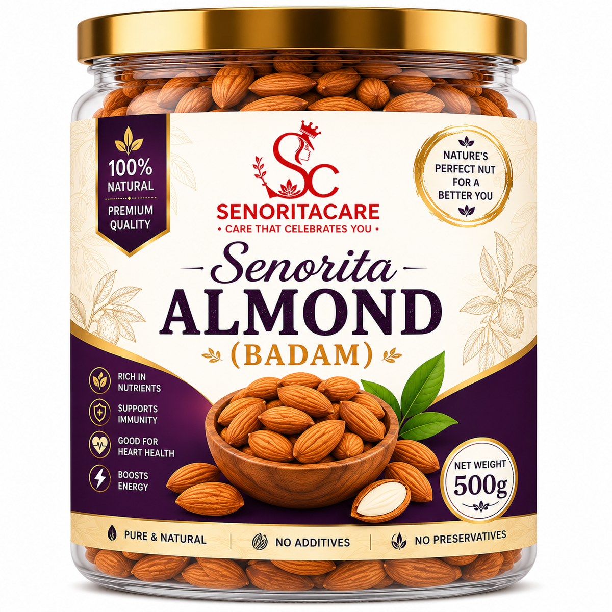 Senorita Almond (Badam) 500g open jar premium whole almonds healthy snack high in protein by SenoritaCare