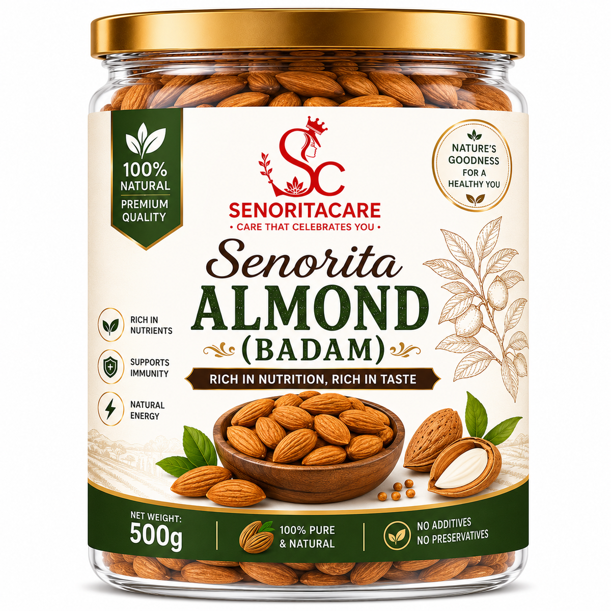 Senorita Almond (Badam) 500g close-up premium fresh California almonds healthy daily nutrition by SenoritaCare
