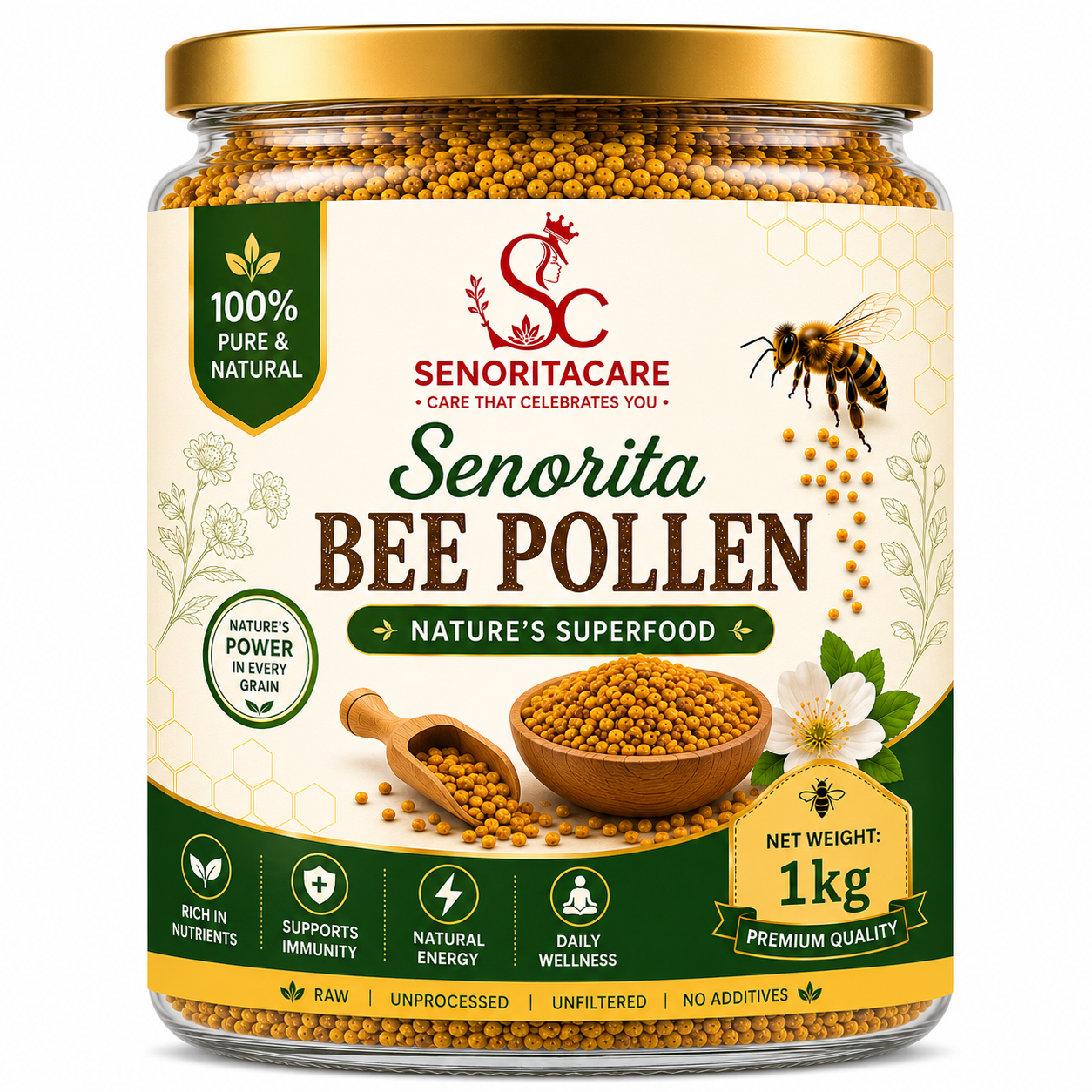 A 1kg glass jar of Senoritacare Senorita Bee Pollen with a gold lid