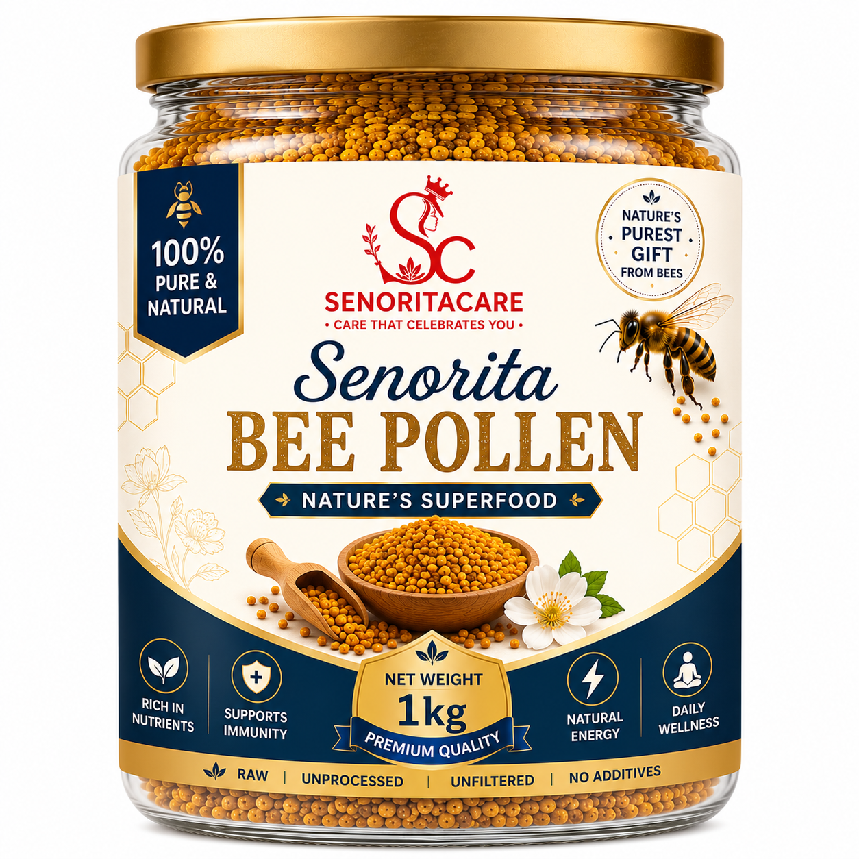 A 1kg glass jar of Senorita Bee Pollen by Senoritacare, featuring a gold lid, a cream