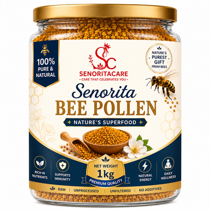 A 1kg glass jar of Senorita Bee Pollen by Senoritacare, featuring a gold lid, a cream