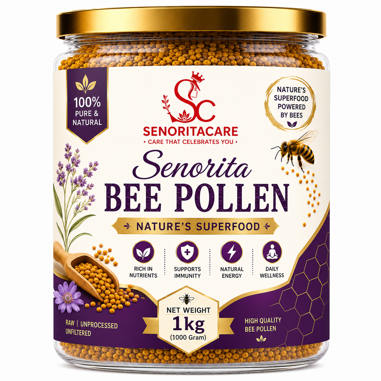 A 1kg jar of Senorita Care Senorita Bee Pollen, featuring a white and purple label with illustrations of lavender, a honeybee, and a wooden spoon of golden pollen grains, topped with a gold metal lid.
