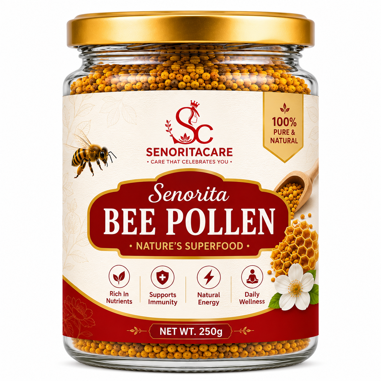 A jar of Senorita Bee Pollen 250g by Senoritacare, featuring a gold lid, clear glass jar showing golden yellow pollen inside, and a cream and red label with a bee, honeycomb, and bee blossom illustration.
