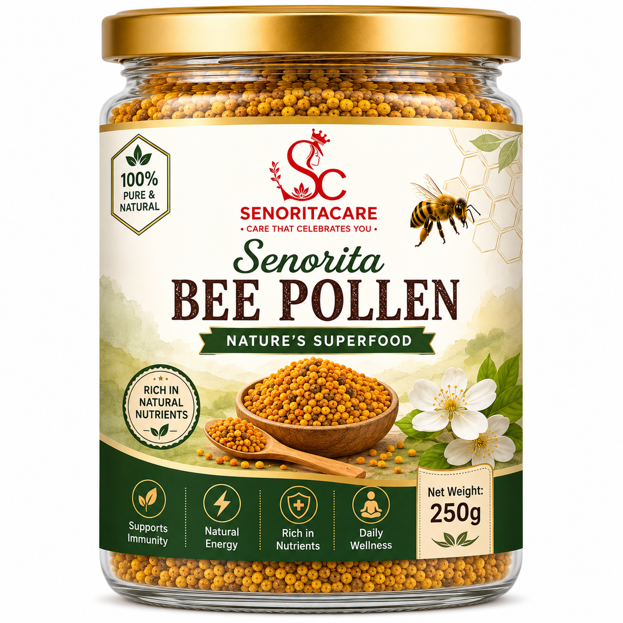 A jar of Senoritacare Bee Pollen supplement, 250g