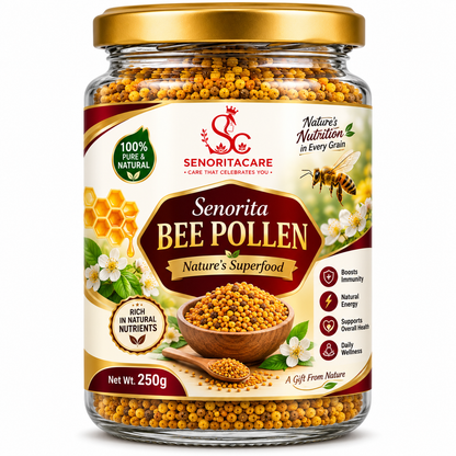 A 250g glass jar of Senorita Care Seniorita Bee Pollen, featuring a gold lid and a detailed label with honeycomb, bees, and a bowl of golden pollen, set against a plain white background.