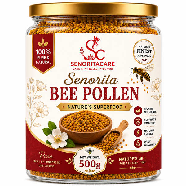 A 500g jar of Senorita Bee Pollen on a plain white background. 