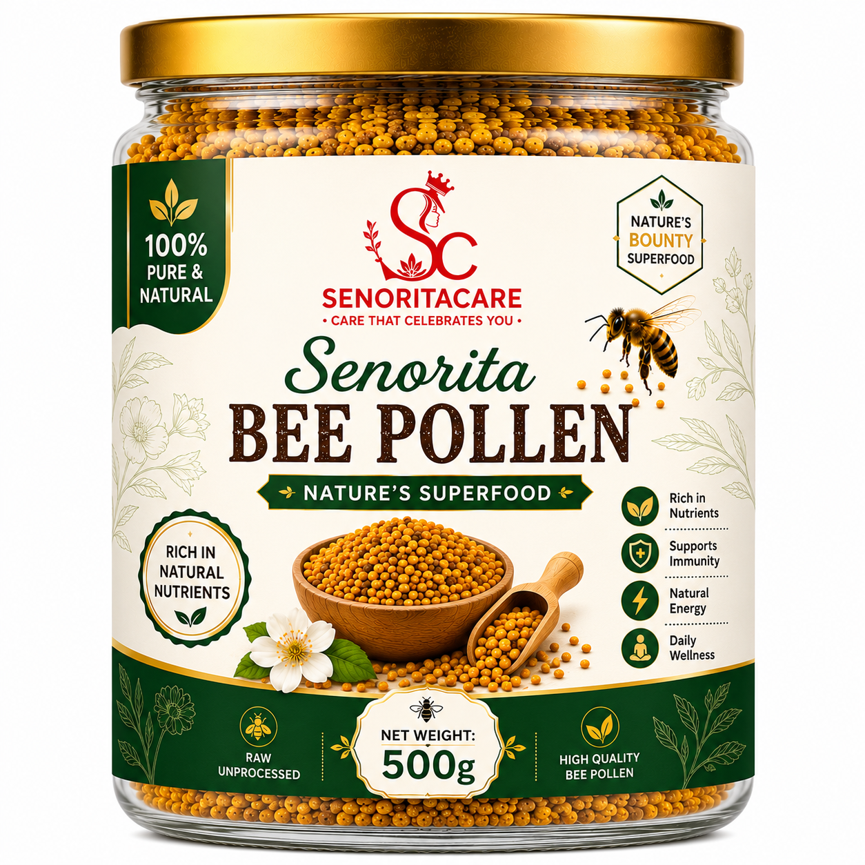 A 500g jar of Senorita Bee Pollen by Senorita Care, featuring a gold lid, clear glass container, and a cream and green label with illustrations of a bee, flowers, and a wooden scoop of yellow pollen.