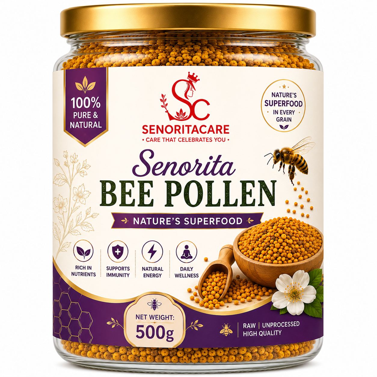 A 500g jar of Senorita Bee Pollen by Senoritacare, featuring a white and purple label with a gold lid, showing bee pollen grains, a wooden spoon, and a bee on the packaging.