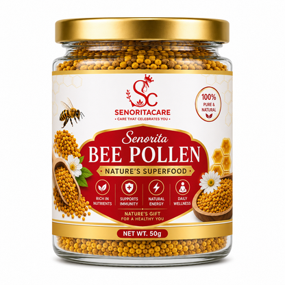 A 50g glass jar of Senorita Bee Pollen by Senoritacare, featuring a gold lid, a white and red label with illustrations of a bee, honeycomb, and a daisy, and golden-yellow pollen visible through the clear jar.