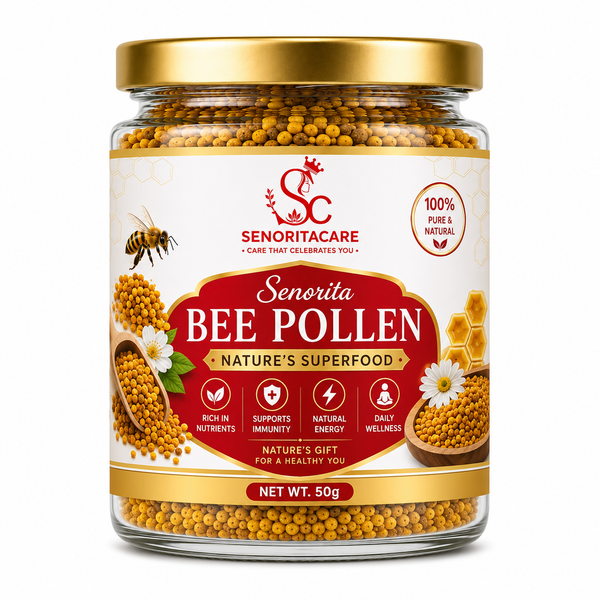 A 50g glass jar of Senorita Bee Pollen by Senoritacare, featuring a gold lid, a white and red label with illustrations of a bee, honeycomb, and a daisy, and golden-yellow pollen visible through the clear jar.