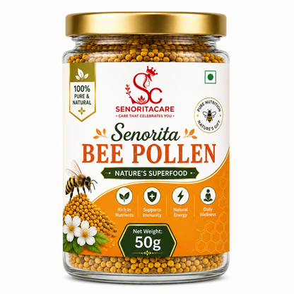 A 50g glass jar of Senorita Bee Pollen by Senorita Care, featuring a gold lid, golden-yellow pollen visible through the clear jar, and a white and orange label with bee and flower illustrations.