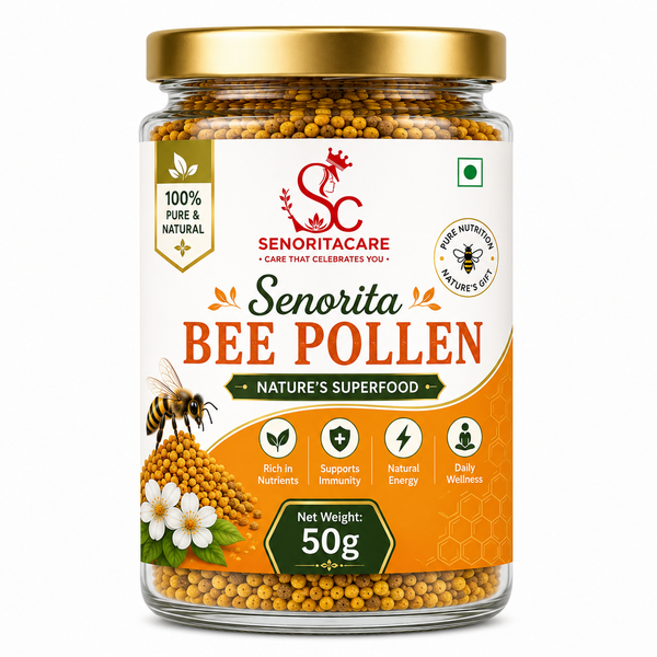A 50g glass jar of Senorita Bee Pollen by Senorita Care, featuring a gold lid, golden-yellow pollen visible through the clear jar, and a white and orange label with bee and flower illustrations.