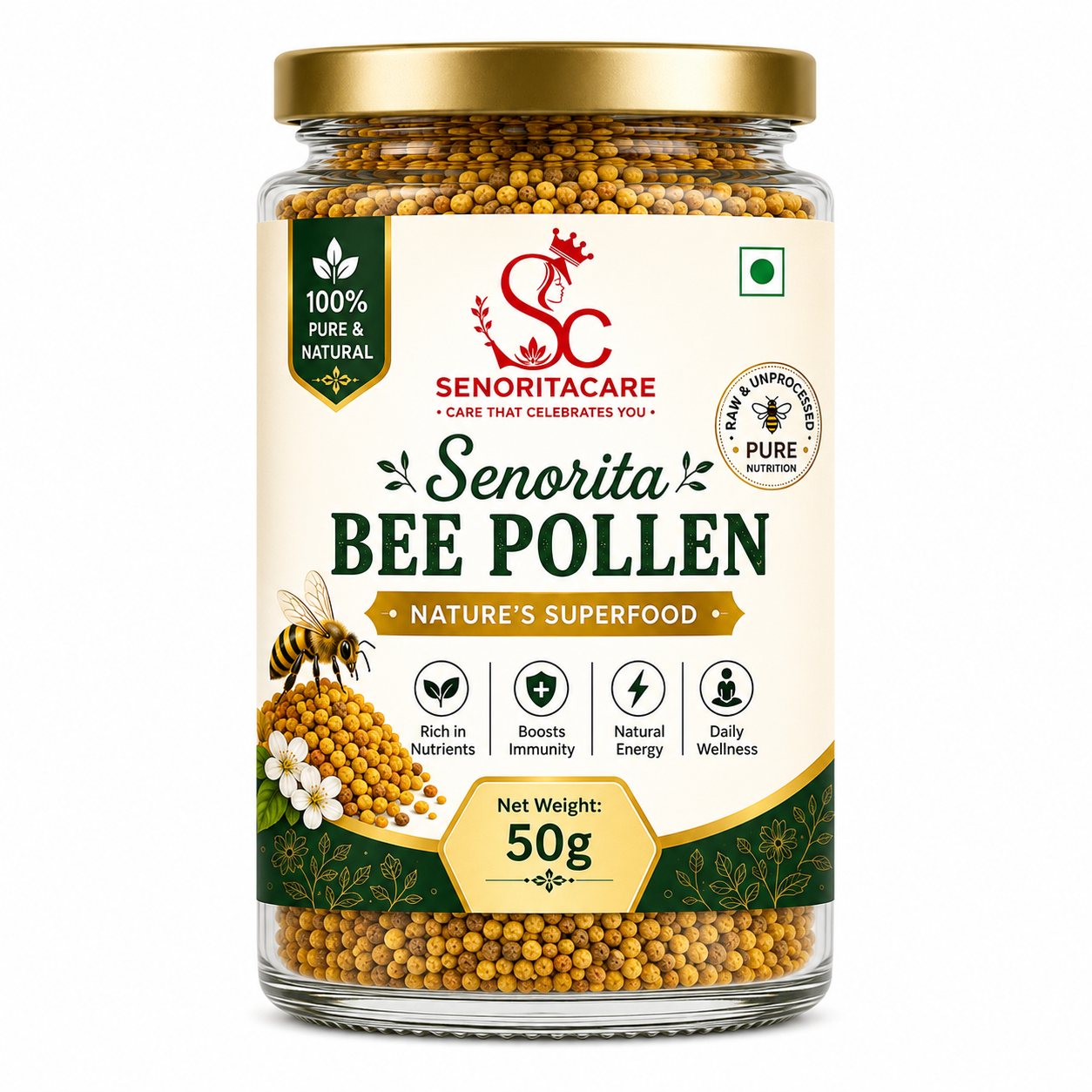 A 50g glass jar of Senorita Bee Pollen by Senorita Care, featuring a gold lid and a cream-colored label with green and red text, showcasing the golden pollen grains inside.