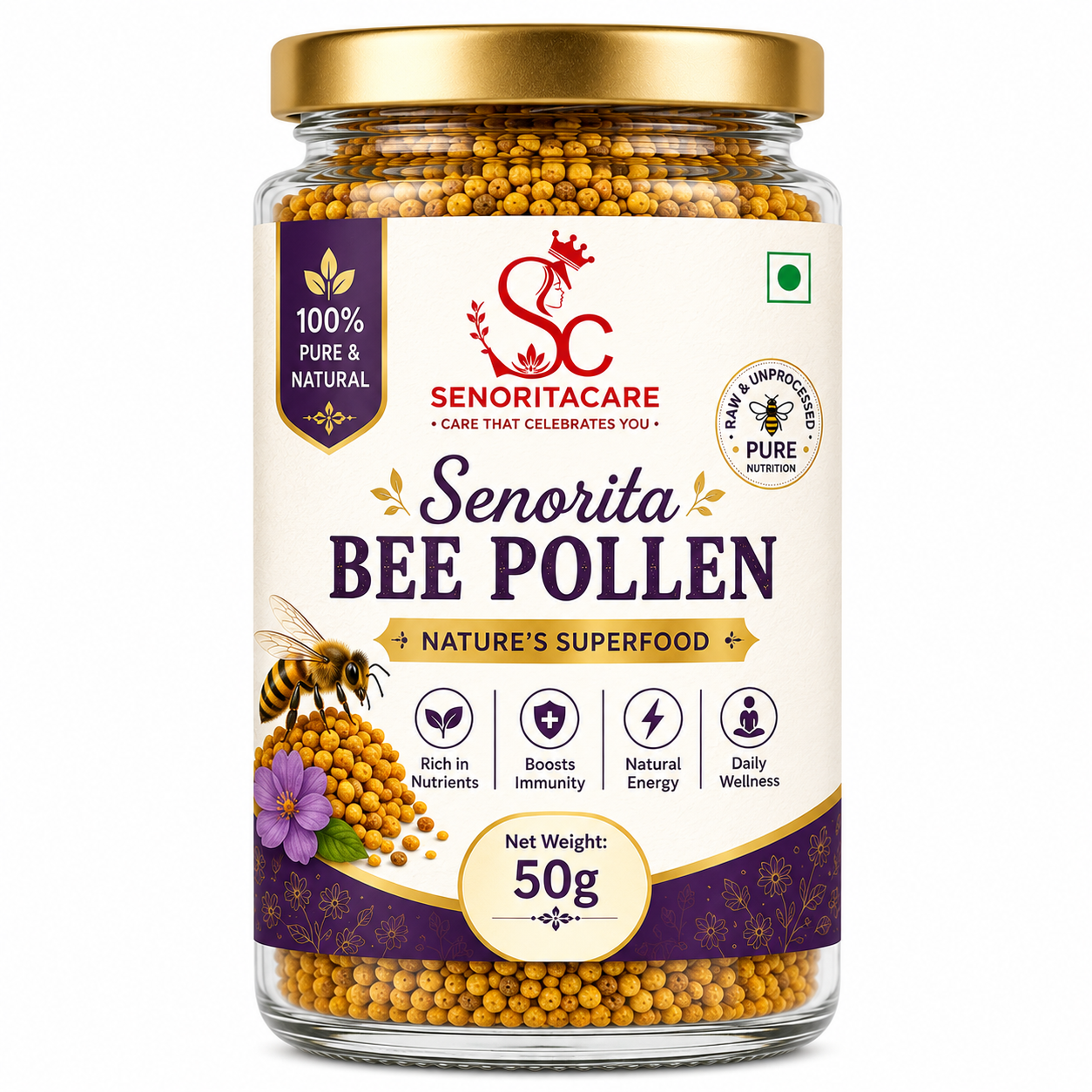 A glass jar of Senorita Bee Pollen with a gold lid and a cream and purple label, containing golden-yellow pollen grains. The brand logo 'SC' and 'SENORITACARE' are visible on the label.