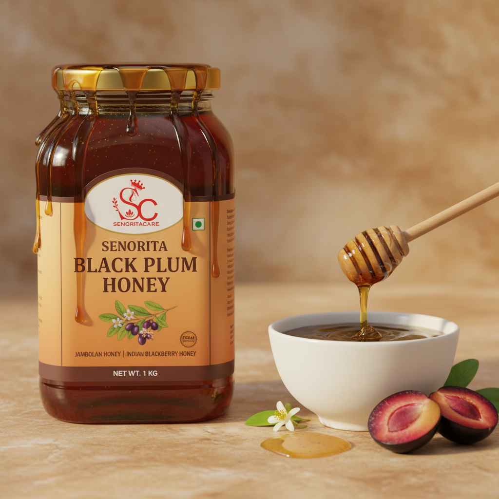 Senorita Black Plum Flower Honey 1kg Jamun honey wellness usage white porcelain by SenoritaCare