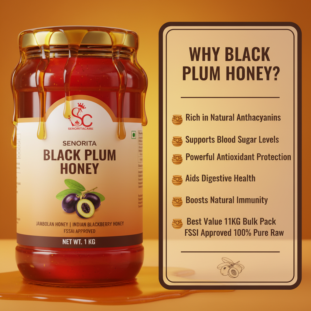 Senorita Black Plum Flower Honey 1kg anthocyanin blood sugar benefits infographic by SenoritaCare