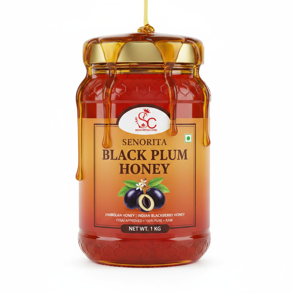 Senorita Black Plum Flower Honey 1kg pure Jamun honey FMCG amber gradient label FSSAI approved by SenoritaCare