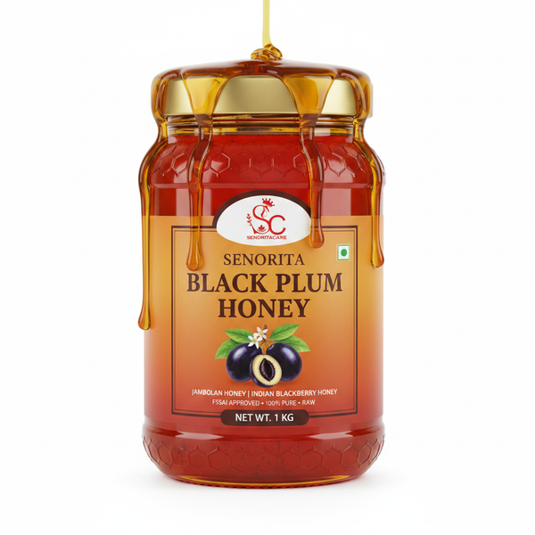 Senorita Black Plum Flower Honey 1kg pure Jamun honey FMCG amber gradient label FSSAI approved by SenoritaCare