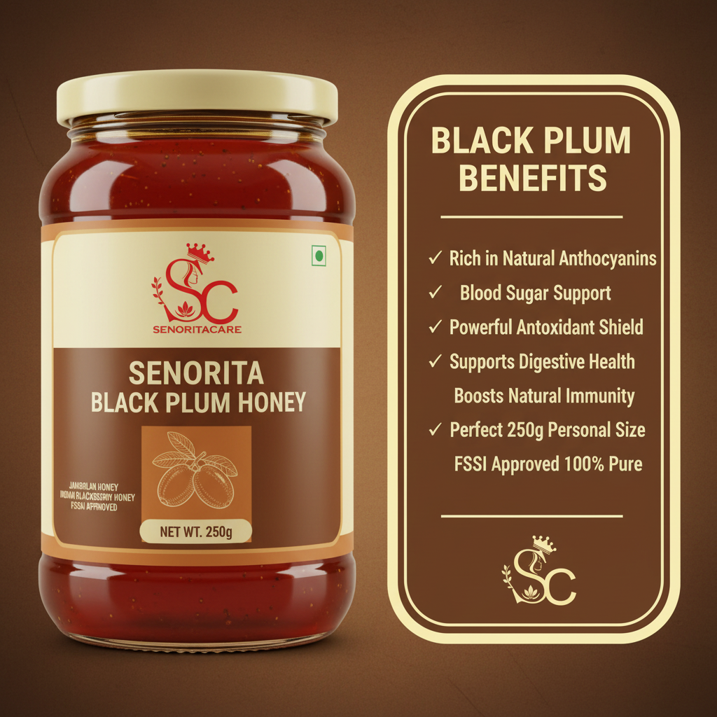 Senorita Black Plum Flower Honey 250g anthocyanin blood sugar benefits infographic by SenoritaCare