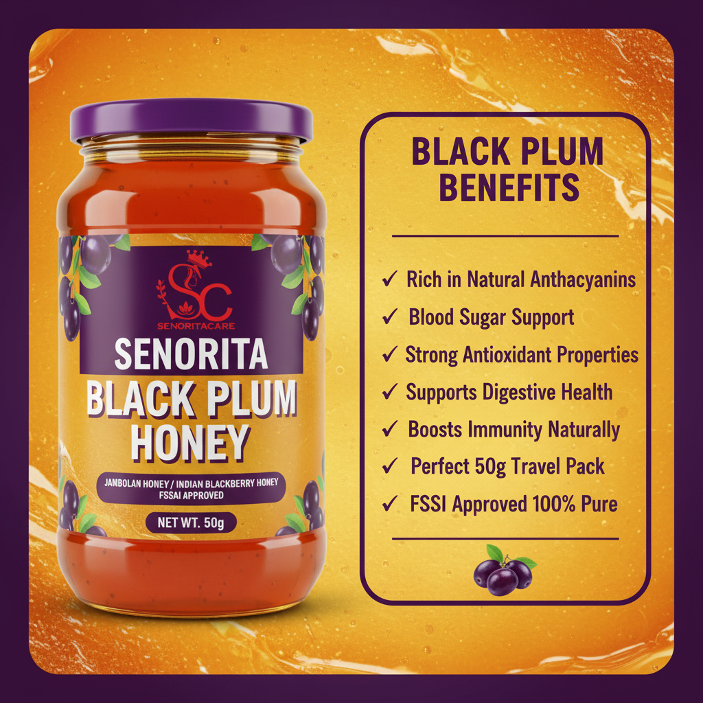 Senorita Black Plum Flower Honey 50g Jamun honey anthocyanin benefits infographic by SenoritaCare