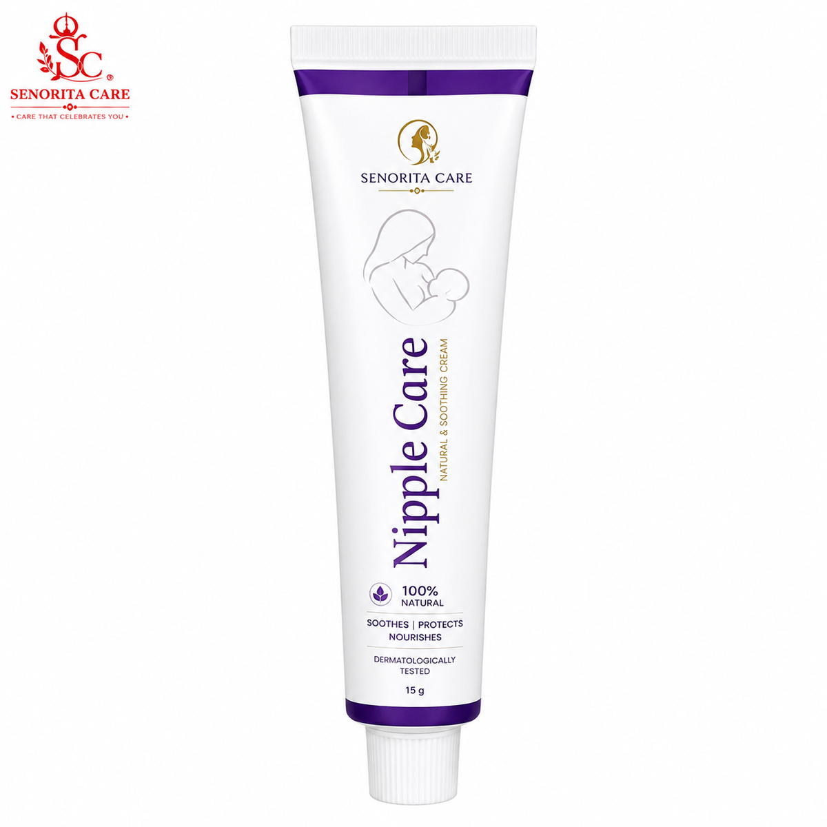 Tube of Senorita Care Nipple Care cream on a white background