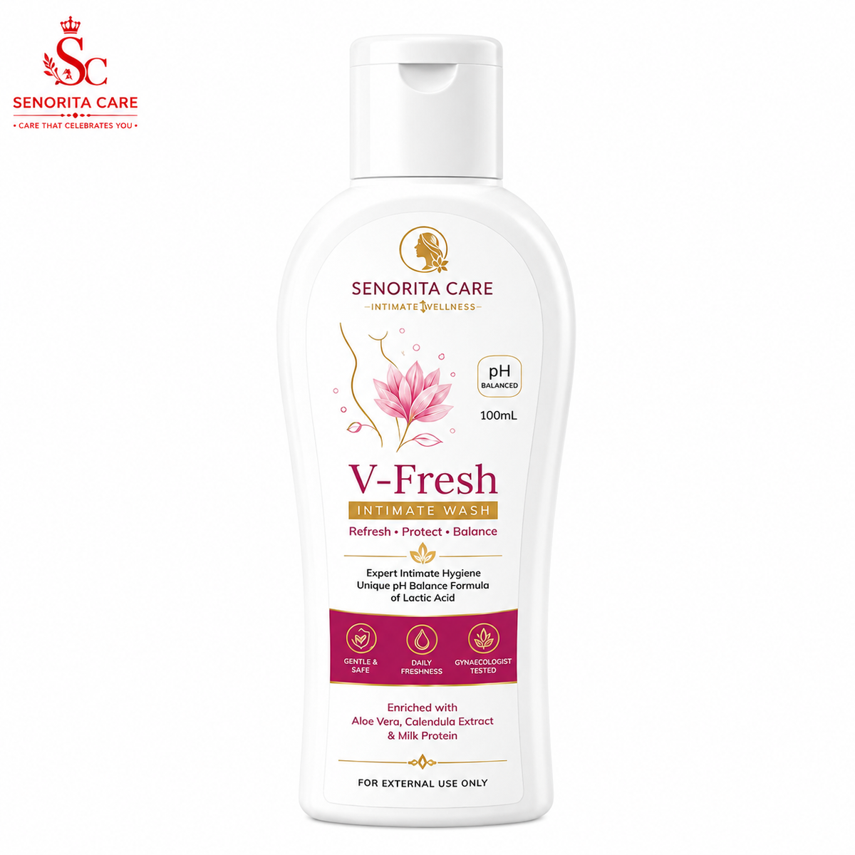 Senorita Care V-Fresh intimate wash bottle on a white background