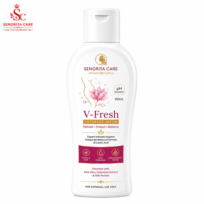 Senorita Care V-Fresh intimate wash bottle on a white background
