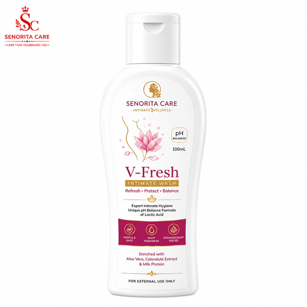 Senorita Care V-Fresh intimate wash bottle on a white background