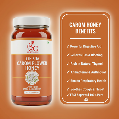 Senorita Carom Flower Honey 500g Ajwain honey digestive respiratory benefits infographic by SenoritaCare