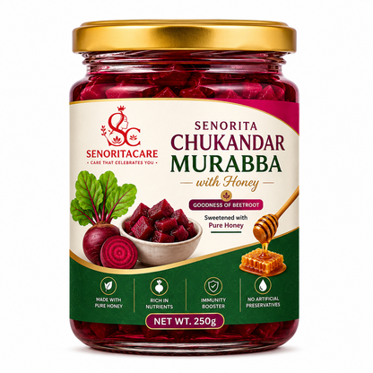 A jar of Senorita Care Chukandar Murabba with Honey, featuring a gold lid 