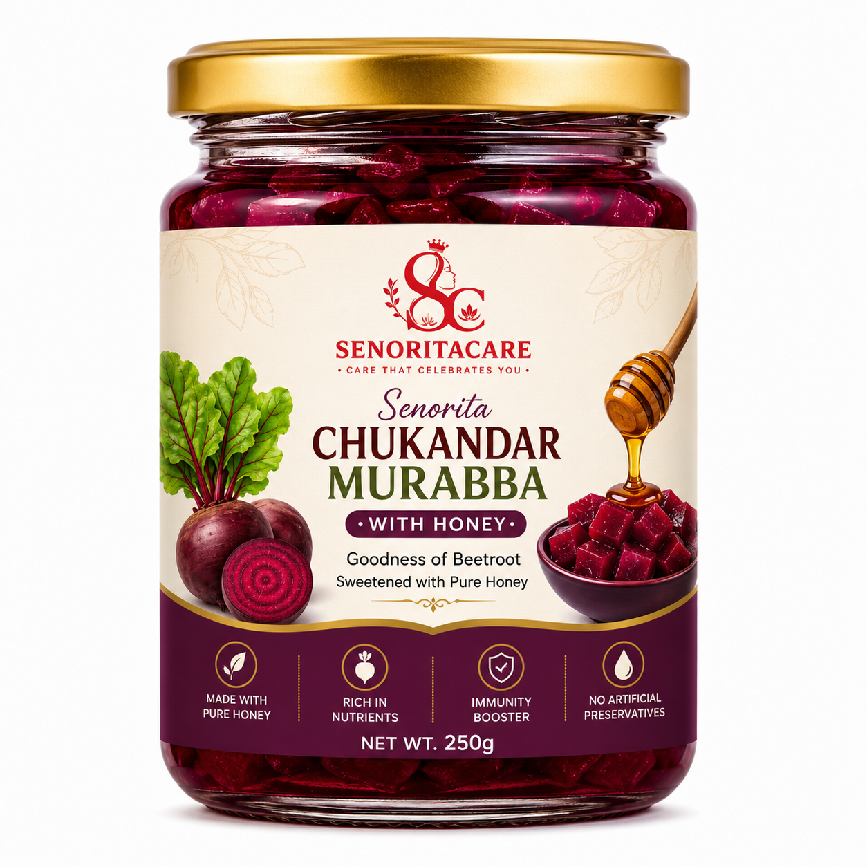 A jar of SenoritaCare Chukandar Murabba (beetroot honey spread) with a gold lid 